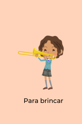 Ilustração de uma menina tocando o trombone em fundo laranja claro