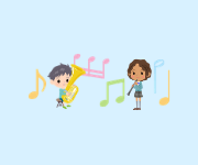 Duas crianças tocando seus instrumentos em um fundo azul claro com notas musicais