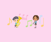 Duas crianças tocando seus instrumentos em um fundo rosa claro com notas musicais