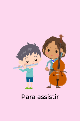 Ilustração de um menino e uma menina em fundo rosa claro. Ele toca flauta e ela toca contrabaixo