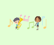 Duas crianças tocando seus instrumentos em um fundo verde claro com notas musicais