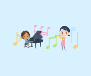 Duas crianças tocando seus instrumentos em um fundo azul claro com notas musicais