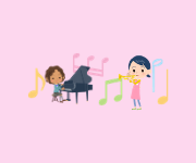 Duas crianças tocando seus instrumentos em um fundo rosa claro com notas musicais