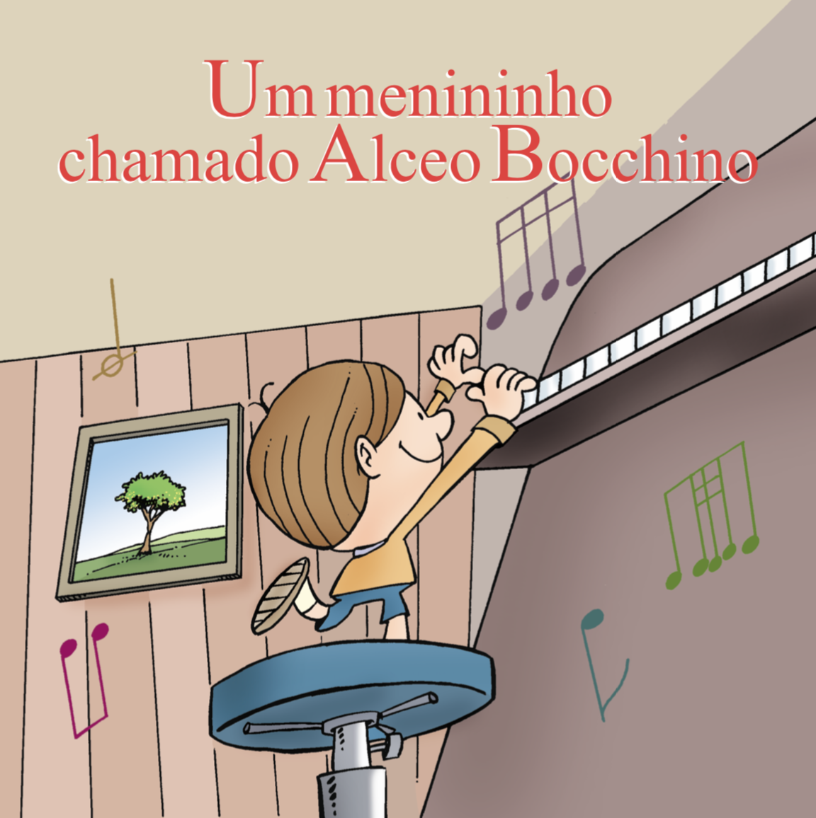 Capa de livro com a ilustração de um menino em pé sobre o banco do piano tocando o instrumento