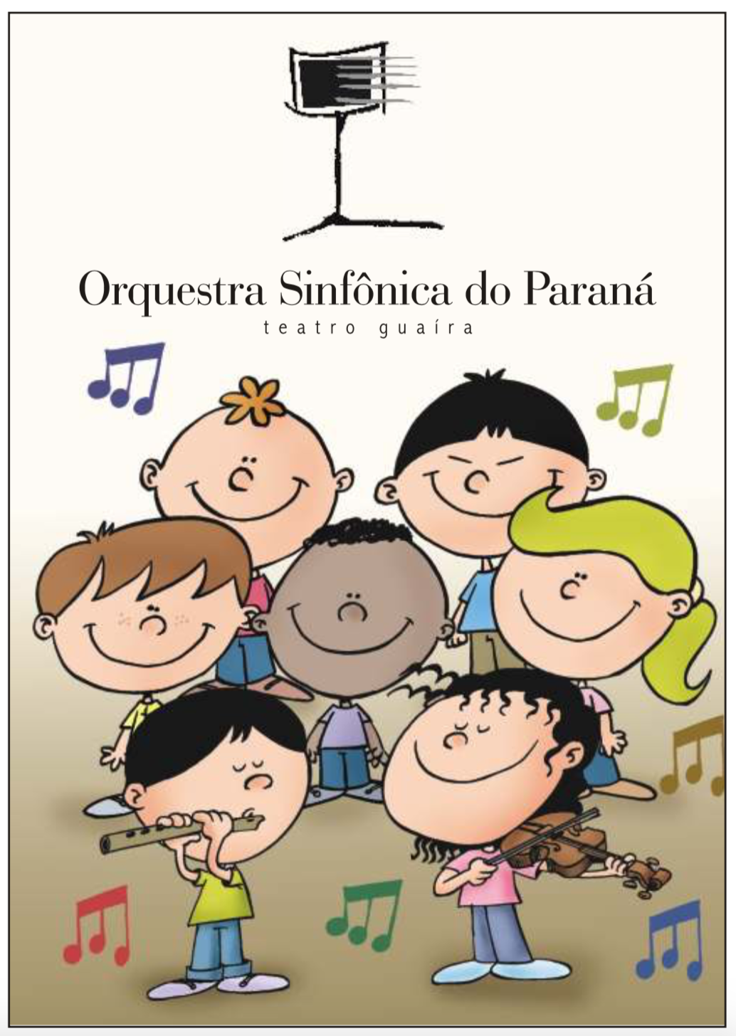 Ilustração infantil com sete crianças. Um menino toca flauta, uma menina toca o violino e as demais os assistem em segundo plano