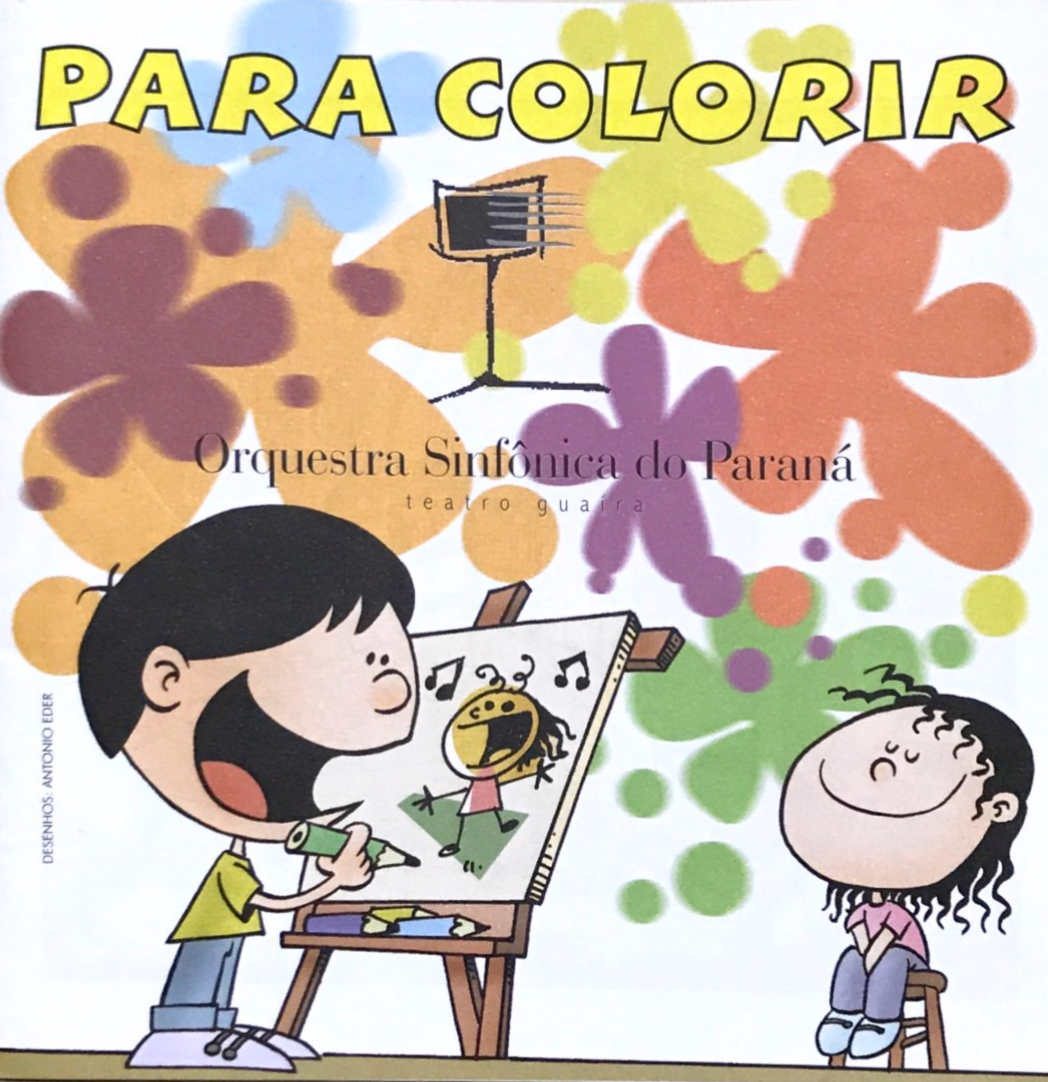 Desenho de um menino pintando uma menina em um cavalete. O fundo é manchado de tinta e acompanha o texto "para colorir"