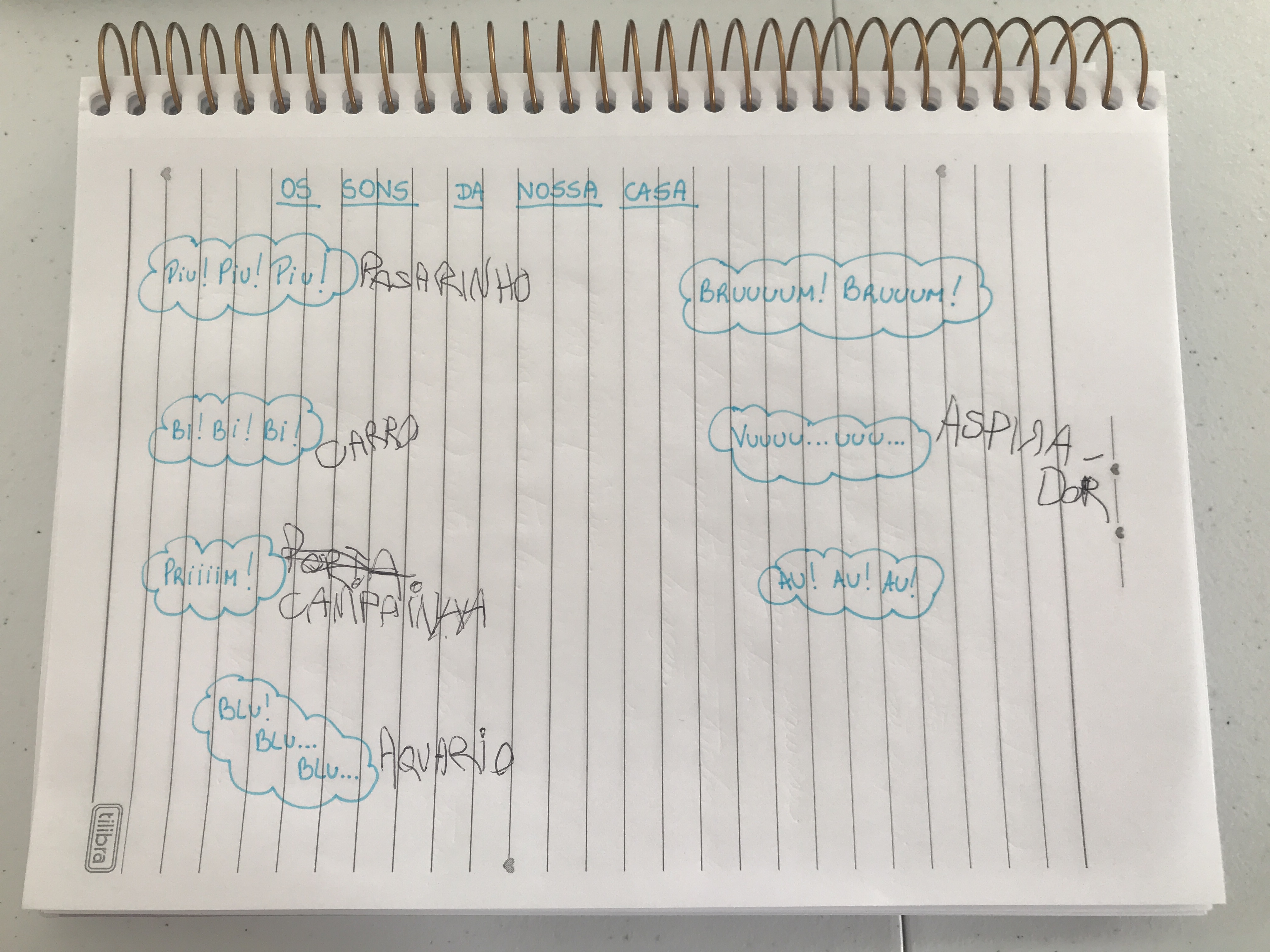 Foto de um caderno na horizontal. Na página pautada está escrito: "Os Sons da Nossa Casa", seguem-se onomatopeias de sons escritas por um adulto. Ao lado de cada onomatopeia há o nome do som escrito em letra de criança. Temos: passarinho, carro, campainha, aquário e aspirador.