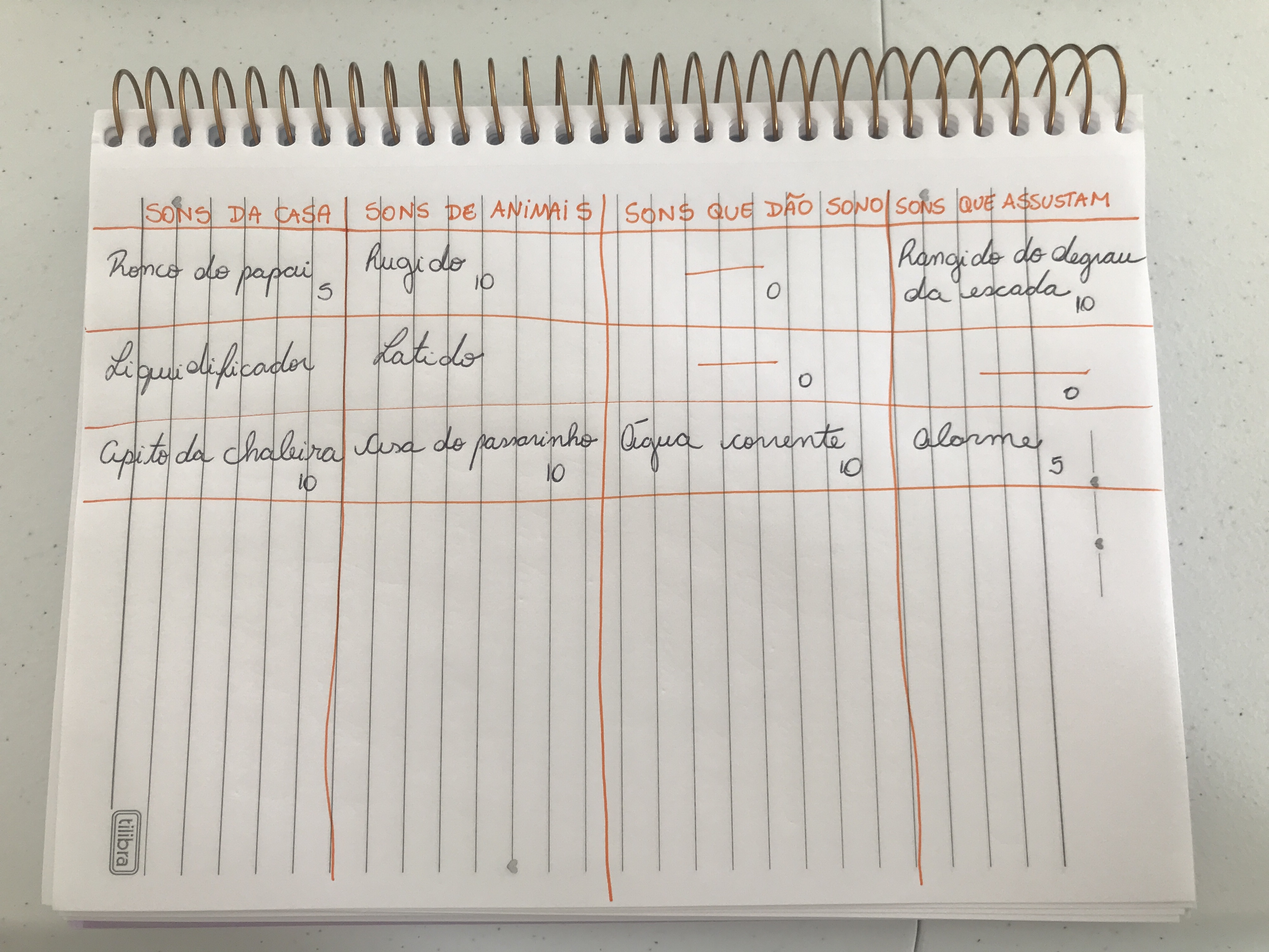 Foto de um caderno na horizontal. Na folha pautada há uma tabela. Os itens são: "sons da casa", "sons de animais", "sons que dão sono" e "sons que assustam".