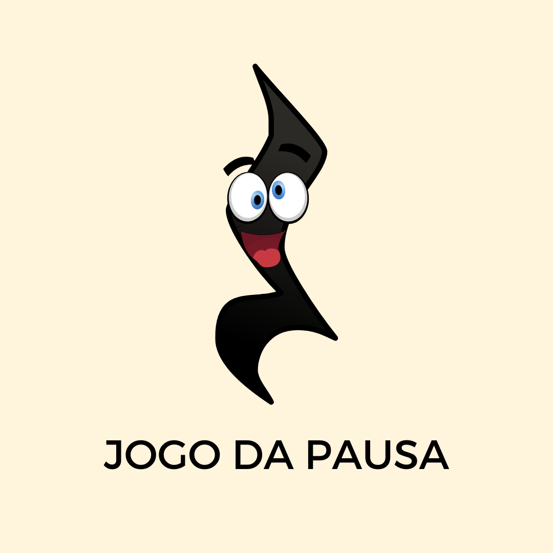 Arte gráfica com o símbolo musical da pausa em forma de cartum. Ele tem olhos esbugalhados e uma boca sorridente. No texto diz: "Jogo da Pausa".