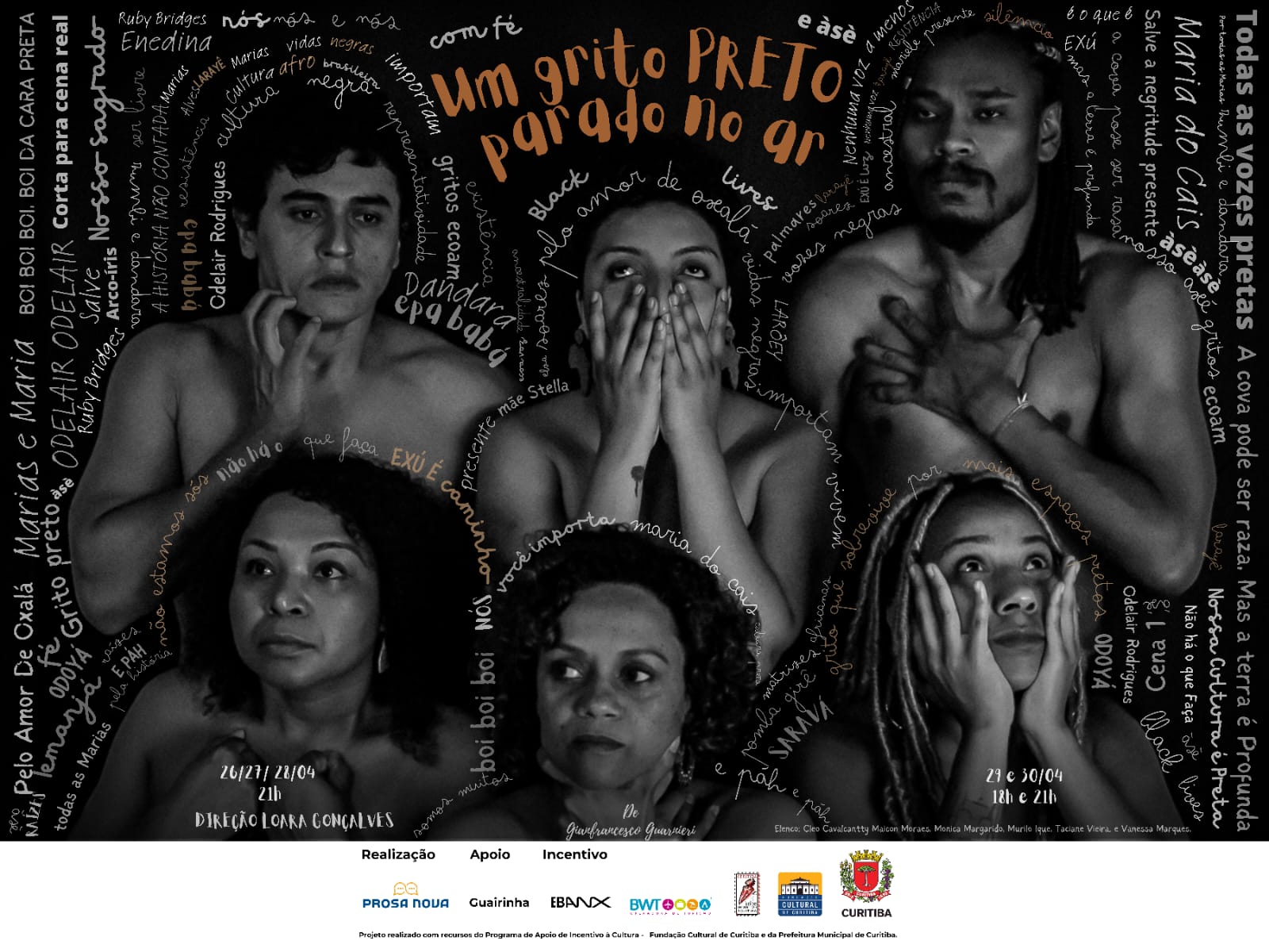 Arte mostra o rosto dos artistas em preto e branco.