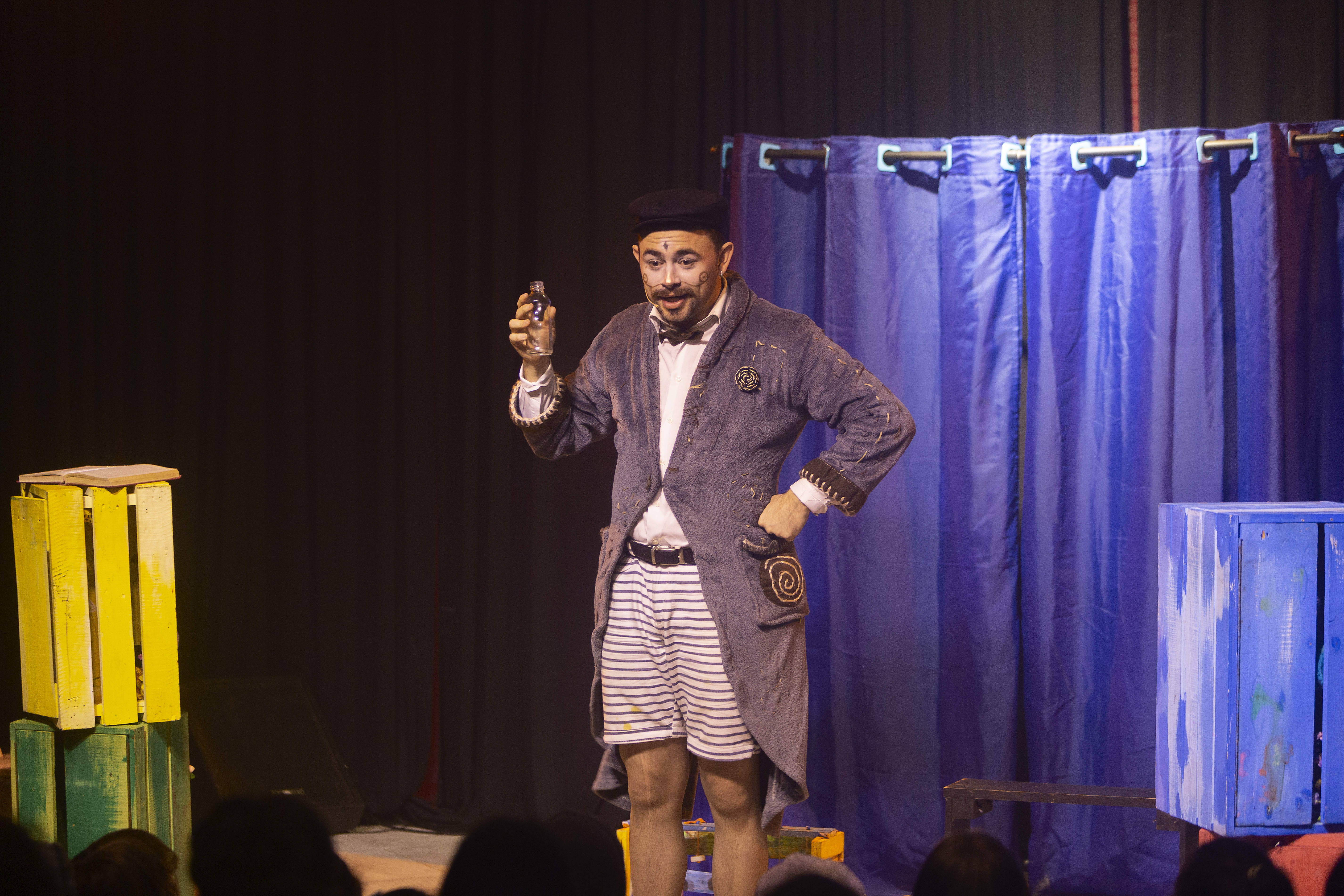 As fotos mostram as apresentações de várias modalidades do teatro de bonecos no Festival, com as crianças lotando as sessões e fazendo foto no boneco gigante e coloorido em frente ao Teatro Guaíra.
