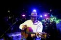 Almir Sater com instrumento e luzes ao fundo