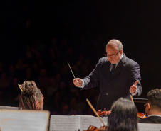 maestro regendo orquestra, músicos de costas