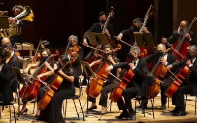 Foto dos músicos da OSP tocando seus instrumentos durante um concerto. Em primeiro plano vemos os músicos tocando violoncelos.