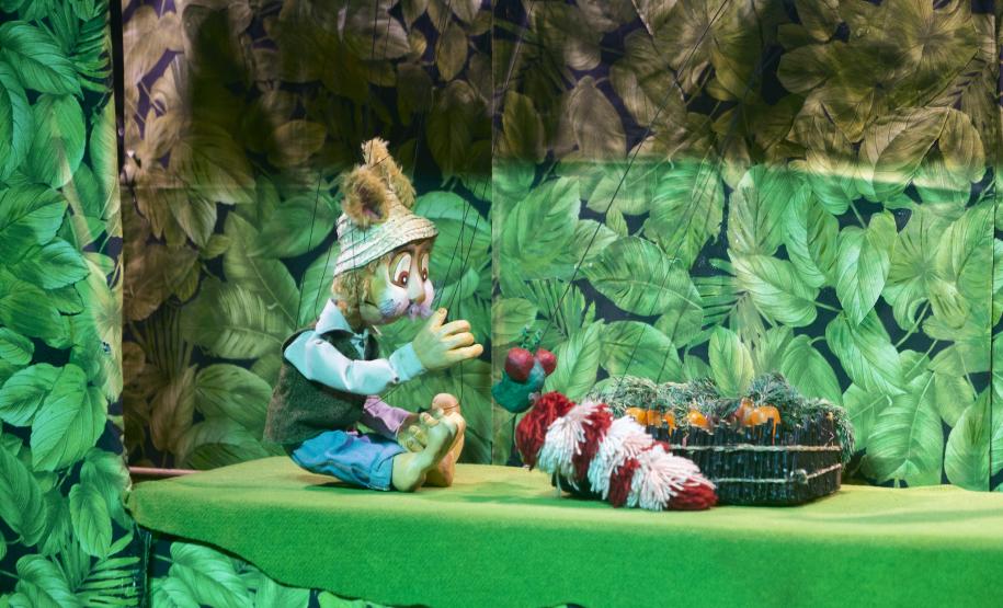 As fotos mostram as apresentações de várias modalidades do teatro de bonecos no Festival, com as crianças lotando as sessões e fazendo foto no boneco gigante e coloorido em frente ao Teatro Guaíra.