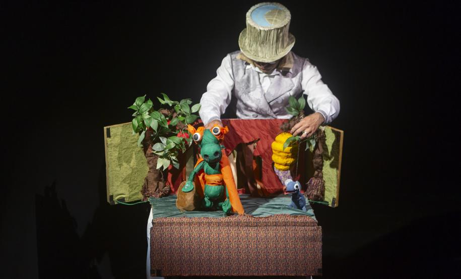 As fotos mostram as apresentações de várias modalidades do teatro de bonecos no Festival, com as crianças lotando as sessões e fazendo foto no boneco gigante e coloorido em frente ao Teatro Guaíra.