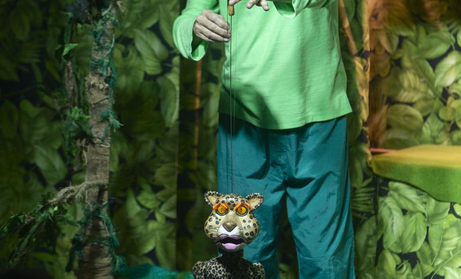 As fotos mostram as apresentações de várias modalidades do teatro de bonecos no Festival, com as crianças lotando as sessões e fazendo foto no boneco gigante e coloorido em frente ao Teatro Guaíra.