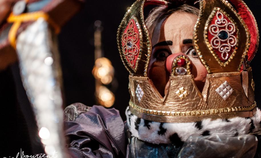 palhaça com cabeça presa dentro de coroa