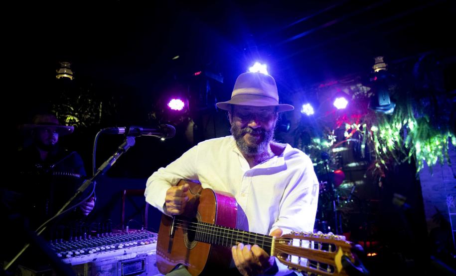 Almir Sater com instrumento e luzes ao fundo